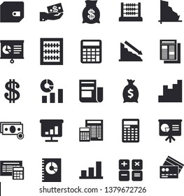 Solid vector icon set - calculator flat vector, crisis, chart, cash, dollar, investments, purse, wealth, statistics, news, book balance accounting, abacus, presentaition board, credit card fector
