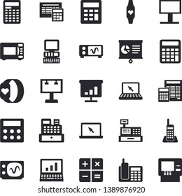 Solid vector icon set - calculator flat vector, microwave, billboard, cash machine, chart, telephone, laptop, computer, oscilloscope, fitness bracelet, dispenser fector