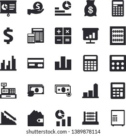 Solid vector icon set - calculator flat vector, crisis, chart, cash, credit card, dollar, investments, purse, wealth, statistics, machine, statistic, abacus, safe fector