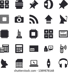 Solid vector icon set - calculator flat vector, satellite antenna, motherboard, SIM card, phone call, barcode, diagnostics, telephone, copy machine, laptop, cpu, fitness bracelet, broadcast, upload