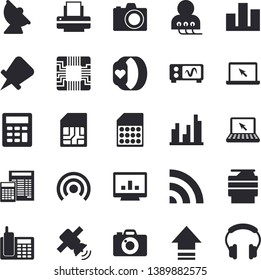 Solid vector icon set - calculator flat vector, satellite antenna, motherboard, SIM card, diagnostics, computer chart, statistic, telephone, printer, copy machine, laptop, satellit, oscilloscope