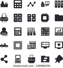 Solid vector icon set - calculator flat vector, autopilot, motherboard, scatter chart, computer diagnostics of health, file, folder, office worker, printer, copy machine, cpu, electronic circuit