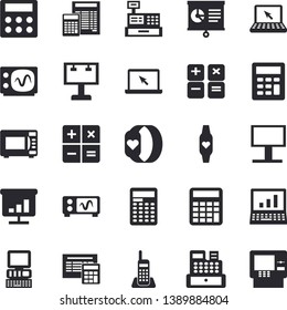 Solid vector icon set - calculator flat vector, microwave, billboard, cash machine, chart, telephone, laptop, computer, oscilloscope, fitness bracelet, dispenser fector