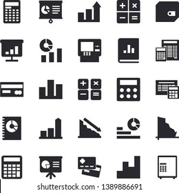 Solid vector icon set - calculator flat vector, crisis, chart, credit card, purse, statistics, book balance accounting, statistic, presentaition board, achievement, cash dispenser fector, safe