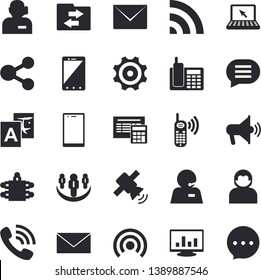 Solid vector icon set - calculator flat vector, cogwheel, molecules, phone call, computer chart, telephone, operator, meeting, laptop, teamwork, satellit, mouthpiece fector, broadcast, file sharing