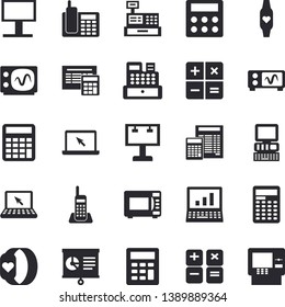 Solid vector icon set - calculator flat vector, microwave, billboard, cash machine, chart, telephone, laptop, computer, oscilloscope, fitness bracelet, dispenser fector