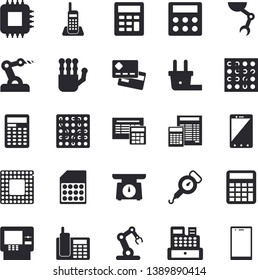 Solid vector icon set - calculator flat vector, weighing machine, spring balance, plug socket, motherboard, SIM card, credit, cash, telephone, robot hand, cpu, industrial, electronic circuit, mobile