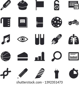 Solid Vector Icon Set - Calculator Flat Vector, Stationery Knife, Meashuring Cup, Fridge, Cupcake, Piece Of Cake, Rocket, Chart, Flag, Barcode, Eye, DNA, Lungs, Thermometer, Notebook, Book, Pencil