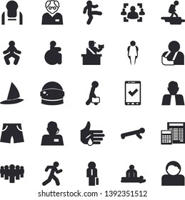 Solid vector icon set - calculator flat vector, construction worker, person, team, telephone operator, disabled, massage, injury, recruitment, businessman, scientist, astronaut helmet fector, run