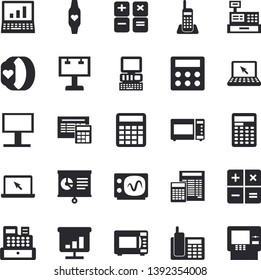 Solid vector icon set - calculator flat vector, microwave, billboard, cash machine, chart, telephone, laptop, computer, oscilloscope, fitness bracelet, dispenser fector