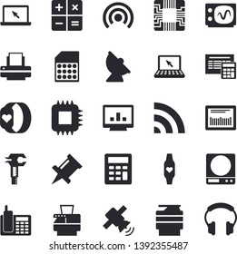 Solid vector icon set - calculator flat vector, weighing machine, satellite antenna, motherboard, SIM card, trammel, barcode, computer chart, telephone, printer, copy, laptop, satellit, oscilloscope