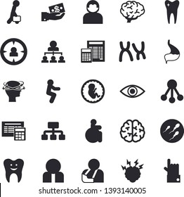 Solid vector icon set - calculator flat vector, hierarchy, person, target audience, investments, disabled, injury, eye, headache, embryo, chromosomes, sperm, tooth, stomach, businessman, brainstorm