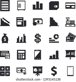 Solid vector icon set - calculator flat vector, crisis, chart, cash, credit card, dollar, purse, wealth, statistics, news, machine, statistic, abacus, presentaition board, fector, safe, mobile