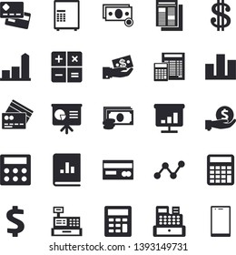 Solid vector icon set - calculator flat vector, chart, cash, credit card, dollar, investments, scatter, news, book balance accounting, machine, statistic, presentaition board, fector, safe, mobile