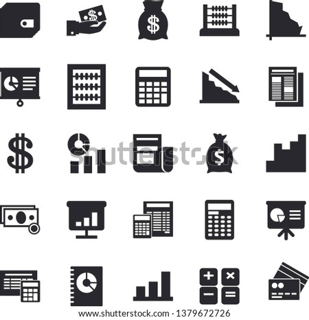 Solid vector icon set - calculator flat vector, crisis, chart, cash, dollar, investments, purse, wealth, statistics, news, book balance accounting, abacus, presentaition board, credit card fector