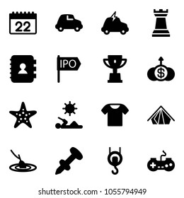 Solid vector icon set - calendar vector, car, electric, chess tower, contact book, ipo, win cup, dollar growth, starfish, reading, t shirt, tent, fishing, nail dowel, winch, gamepad