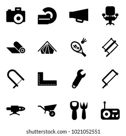 Solid vector icon set - camera vector, mri, loudspeaker, office chair, mat, tent, badminton, bucksaw, fretsaw, corner ruler, wrench, metal hacksaw, pipe welding, wheelbarrow, shovel fork toy, radio