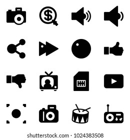 Solid vector icon set - camera vector, money click, volume medium, low, share, fast forward, record, like, dislike, tv news, sim, playback, button, drum, radio