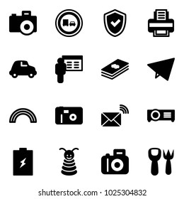 Solid vector icon set - camera vector, no truck overtake road sign, shield check, printer, car, presentation, dollar, paper fly, rainbow, photo, wireless mail, projector, battery, pyramid toy