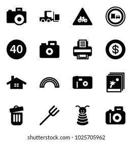 Solid vector icon set - camera vector, fork loader, road for moto sign, no truck overtake, minimal speed limit, printer, dollar, home, rainbow, photo, trash bin, farm, pyramid toy