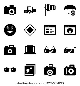 Solid vector icon set - camera vector, fork loader, side wind, insurance, dollar smile, main road sign, website, browser globe, doors, sunglasses, photo