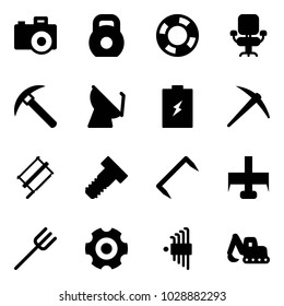 Solid vector icon set - camera vector, weight, lifebuoy, office chair, rock axe, satellite antenna, battery, bucksaw, bolt, staple, milling cutter, farm fork, gear, allen key set, excavator toy