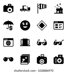 Solid vector icon set - camera vector, fork loader, side wind, house, dollar smile, main road sign, website, browser globe, doors, sunglasses, photo