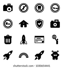 Solid vector icon set - camera vector, no parkin odd, dangerous cargo road sign, cart horse, truck overtake, home, shield check, trash bin, rocket, schedule, world, rainbow, toy monster