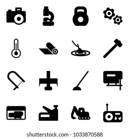 Solid vector icon set - camera vector, lab, weight, gears, thermometer, mat, fishing, sledgehammer, fretsaw, milling cutter, hoe, jig saw, generator, stapler, excavator toy, radio