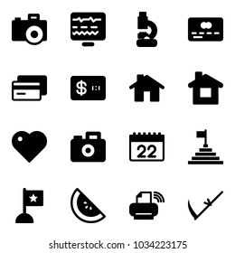 Solid vector icon set - camera vector, diagnostic monitor, lab, credit card, home, heart, calendar, pyramid flag, watermelone, printer wireless, scythe