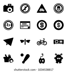 Solid vector icon set - camera vector, no parkin odd, road for moto sign, dangerous cargo, limited width, schedule, dollar, paper fly, dragonfly, bike, projector, shovel bucket, baseball bat, yoyo