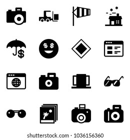 Solid vector icon set - camera vector, fork loader, side wind, house, insurance, dollar smile, main road sign, website, browser globe, doors, sunglasses, photo