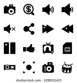 Solid vector icon set - camera vector, money click, volume medium, low, off, share, fast forward, backward, pause, like, tv news, sim, projector, record button, drum
