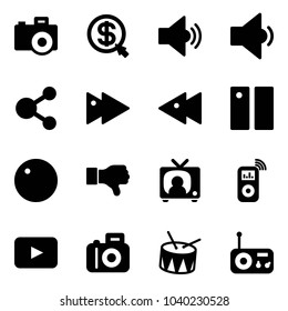 Solid vector icon set - camera vector, money click, volume medium, low, share, fast forward, backward, pause, record, dislike, tv news, music player, playback, drum, radio