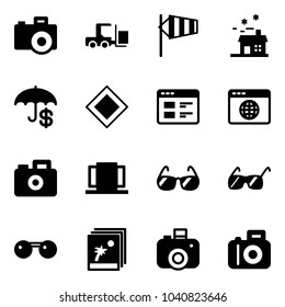 Solid vector icon set - camera vector, fork loader, side wind, house, insurance, main road sign, website, browser globe, doors, sunglasses, photo