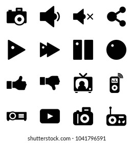 Solid vector icon set - camera vector, low volume, off, share, play, fast forward, pause, record, like, dislike, tv news, music player, projector, playback, radio