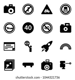 Solid vector icon set - camera vector, no parkin odd, road for moto sign, dangerous cargo, cart horse, minimal speed limit, end, schedule, world, rocket, rainbow, photo, skateboard, laser lever