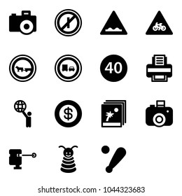 Solid vector icon set - camera vector, no parkin odd, rough road sign, for moto, cart horse, truck overtake, minimal speed limit, printer, world, dollar, photo, laser lever, pyramid toy