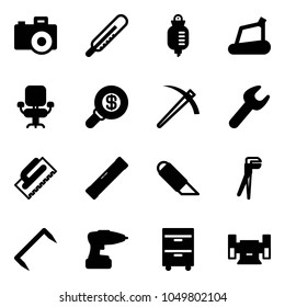 Solid vector icon set - camera vector, thermometer, drop counter, treadmill, office chair, search money, job, wrench, trowel, level, work knife, plumber, staple, drill, tool cabinet, sharpening