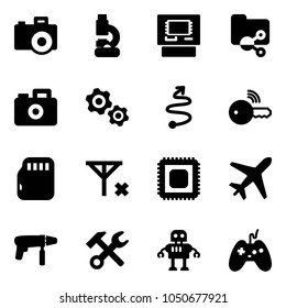 Solid vector icon set - camera vector, lab, atm, shared folder, gears, trip, wireless key, micro flash card, no signal, cpu, plane, drill machine, wrench hammer, robot, joystick