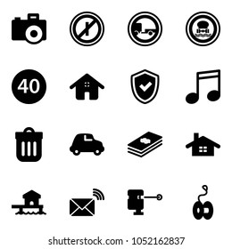 Solid vector icon set - camera vector, no parkin odd, trailer road sign, dangerous cargo, minimal speed limit, home, shield check, music, trash bin, car, dollar, bungalow, wireless mail, laser lever