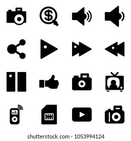Solid vector icon set - camera vector, money click, volume medium, low, share, play, fast forward, backward, pause, like, tv news, music player, sim, playback