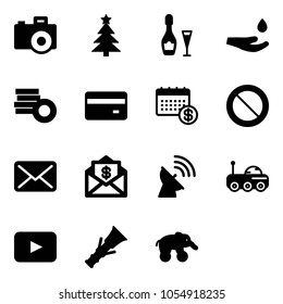 Solid vector icon set - camera vector, christmas tree, wine, drop hand, coin, credit card, calendar, prohibition road sign, mail, dollar, satellite antenna, moon rover, playback, dowel