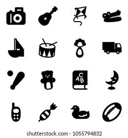 Solid vector icon set - camera vector, guitar, kite, crocodile, sailboat toy, drum, beanbag, truck, baseball bat, bear, abc book, moon lamp, phone, dart, duck, football