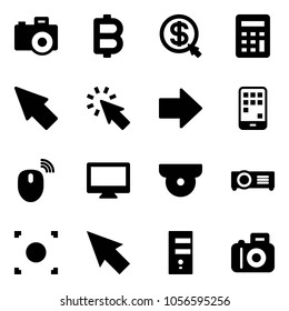 Solid vector icon set - camera vector, bitcoin, money click, calculator, cursor, right arrow, mobile, mouse wireless, monitor, surveillance, projector, record button, server
