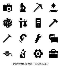 Solid vector icon set - camera vector, lab, job, mat, volleyball, ship bell, server, hammer, mason, clamp, wrench, machine tool, jack, winch, gear, box