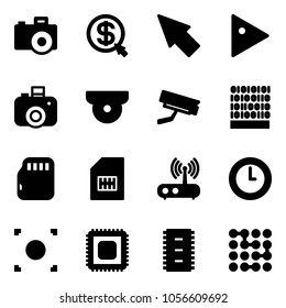 Solid vector icon set - camera vector, money click, cursor, play, surveillance, binary code, micro flash card, sim, wi fi router, clock, record button, cpu, chip, circuit