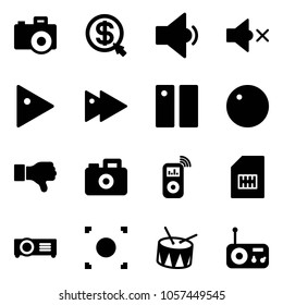 Solid vector icon set - camera vector, money click, low volume, off, play, fast forward, pause, record, dislike, music player, sim, projector, button, drum, radio