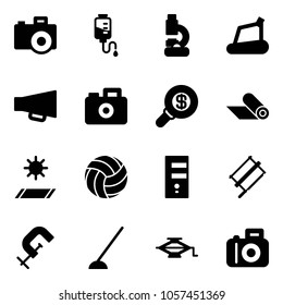 Solid vector icon set - camera vector, drop counter, lab, treadmill, loudspeaker, search money, mat, volleyball, server, bucksaw, clamp, hoe, jack