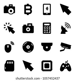 Solid vector icon set - camera vector, bitcoin, mobile payment, cursor, calculator, satellite antenna, mouse wireless, cd, surveillance, micro flash card, cpu, joystick